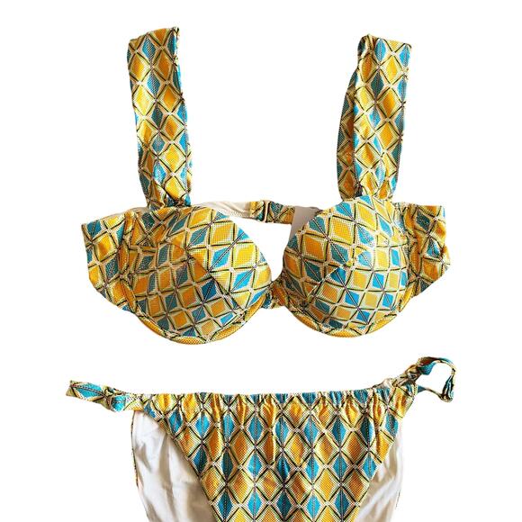 WEWOREWHAT Metallic Geo Bikini Set Ruched Bottom Claudia Top Orange Blue Large - Picture 6 of 15
